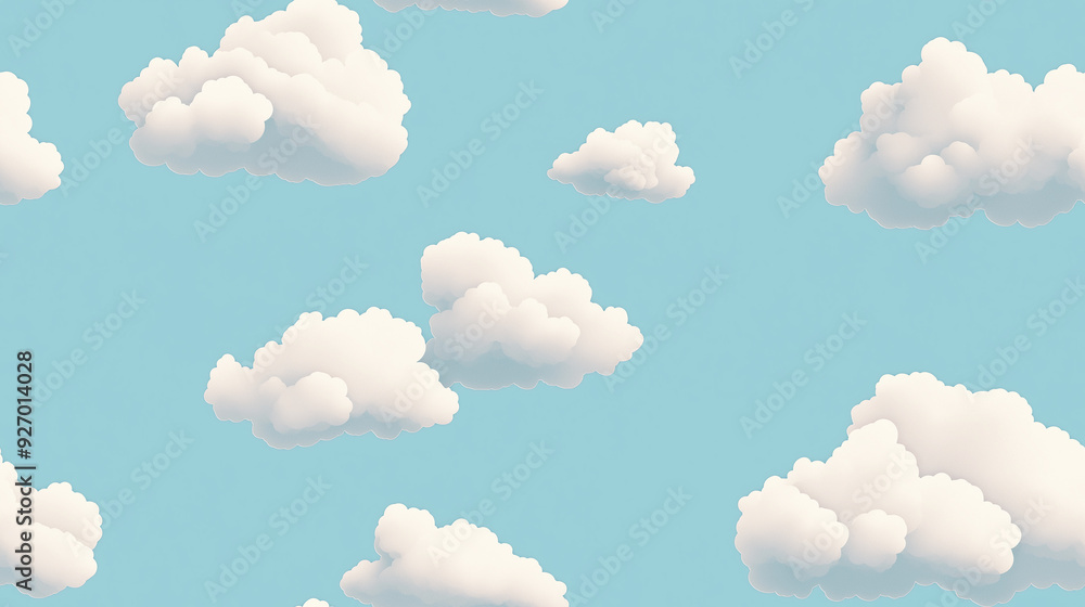 Soft seamless pattern with fluffy white clouds floating on a light blue background. Perfect for calm, peaceful designs or nursery decor. Soft seamless pattern with fluffy white clouds floating on a light blue background. Perfect for calm, peaceful designs or nursery decor.