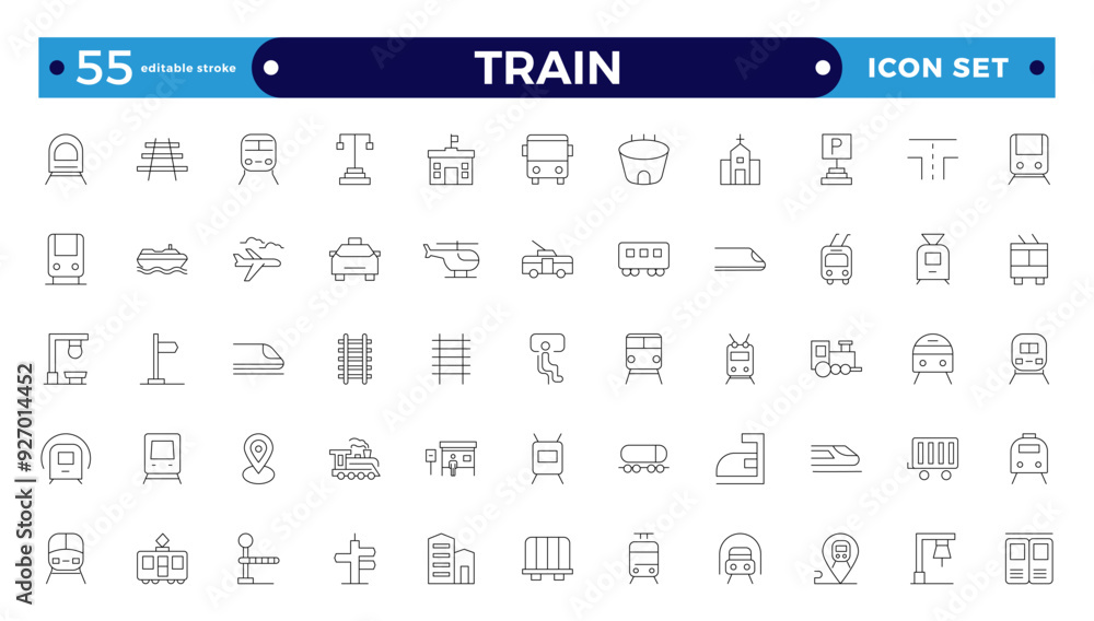 Train and railways icon set. intercity, international, freight trains, linear icons. Editable stroke outline icon. Train and railways icon set. intercity, international, freight trains, linear icons. Editable stroke outline icon.