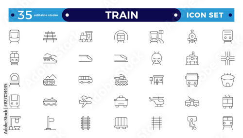 Train and railways icon set. intercity, international, freight trains, linear icons. Editable stroke outline icon. 