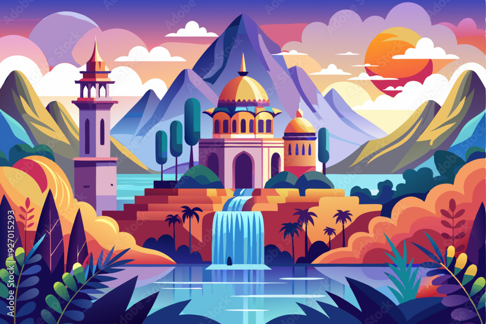 A Majestic Oasis with a Mosque, Waterfall, and Palm Trees A Majestic Oasis with a Mosque, Waterfall, and Palm Trees