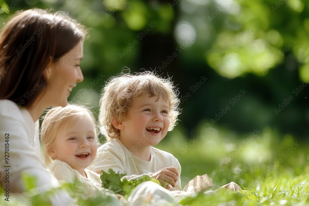 Family picnic with children and parents laughing together, lush greenery and warm sunlight, joyful moments, copy space for text, Family picnic with children and parents laughing together, lush greenery and warm sunlight, joyful moments, copy space for text,