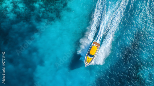 This is a photo of a yellow speedboat moving fast on blue water.

