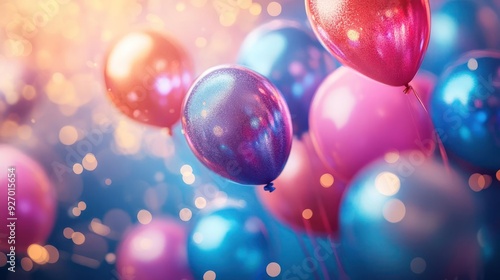 Vibrant multicolored birthday party balloons against a festive glittery background with confetti and © GradPlanet