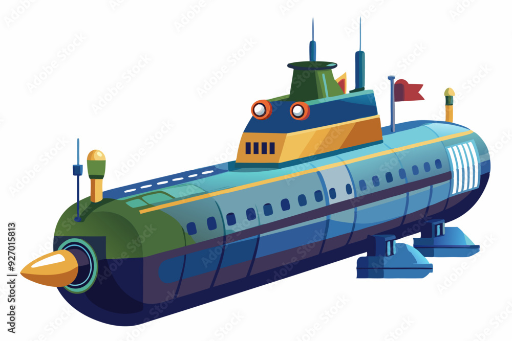Cartoon illustration of a futuristic submarine with a pointed nose and a red flag Cartoon illustration of a futuristic submarine with a pointed nose and a red flag