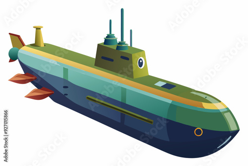 Cartoon Submarine with Red Propellers and Yellow Periscope