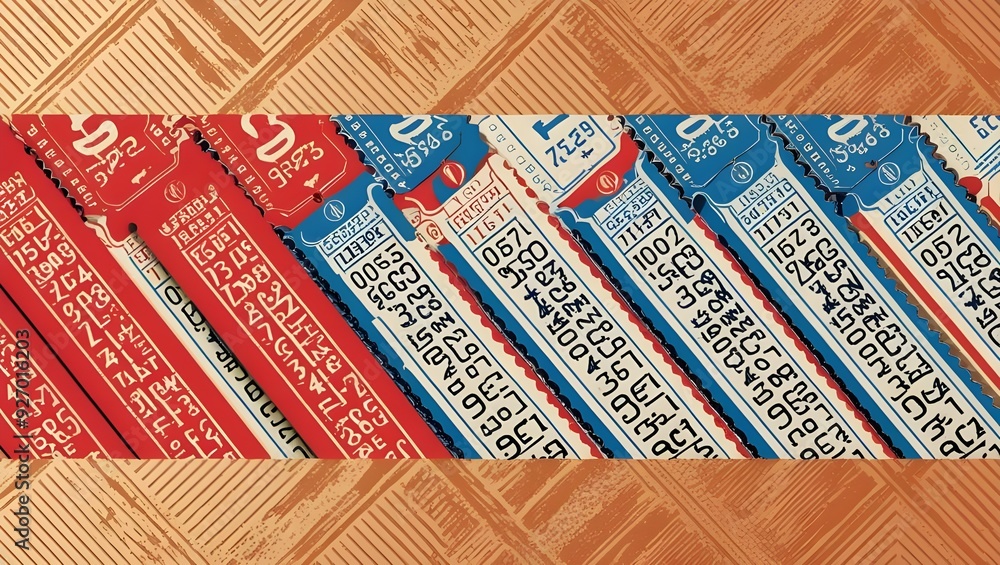 A vibrant and dynamic composition featuring a patterned background with a diagonal arrangement of red and blue event tickets, each with a unique serial number and ornate typography, set against 