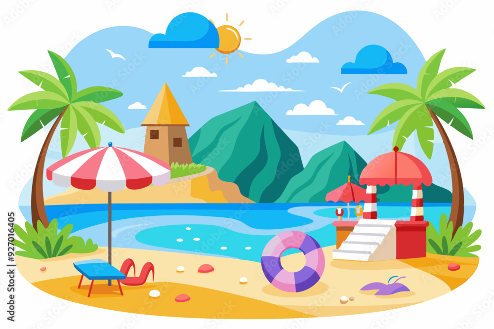 Fototapeta premium Tropical Beach Scene with Palm Trees, Umbrellas, and a Lifebuoy