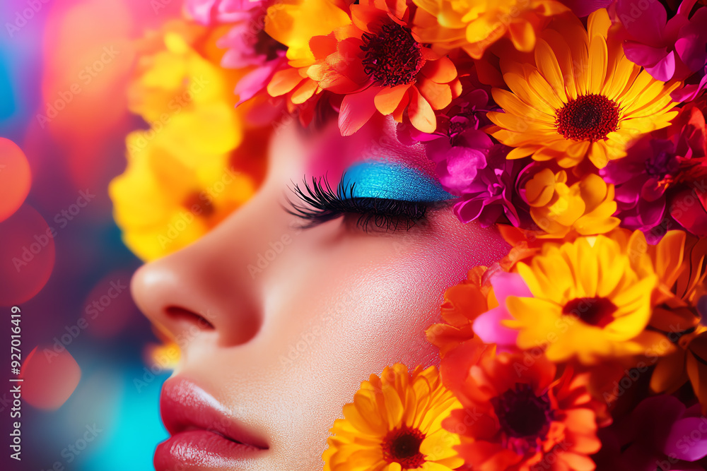 A close-up of a woman's face adorned with colorful flowers, capturing vivid makeup and vibrant beauty in a bright, artistic style. A close-up of a woman's face adorned with colorful flowers, capturing vivid makeup and vibrant beauty in a bright, artistic style.