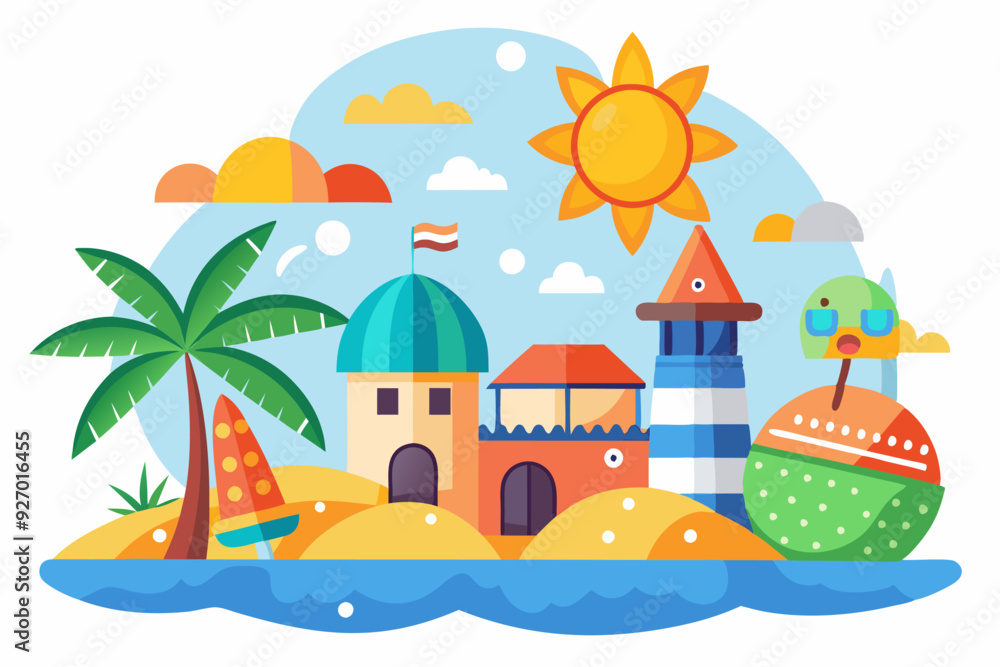 Summer Beach Illustration with Palm Tree, Buildings, and a Sun Summer Beach Illustration with Palm Tree, Buildings, and a Sun