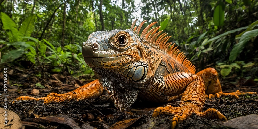 Fototapeta premium An orange iguana with intricate scales rests on the forest floor. 