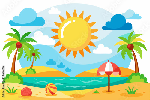 Summer Beach Scene with Palm Trees, Sun, and Beach Umbrella