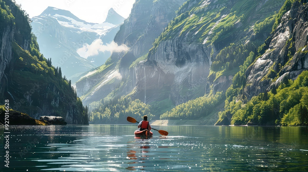 A lone kayaker paddles through a serene lake surrounded by majestic mountains, the water reflecting the sunlight and the distant snowy peaks. A lone kayaker paddles through a serene lake surrounded by majestic mountains, the water reflecting the sunlight and the distant snowy peaks.