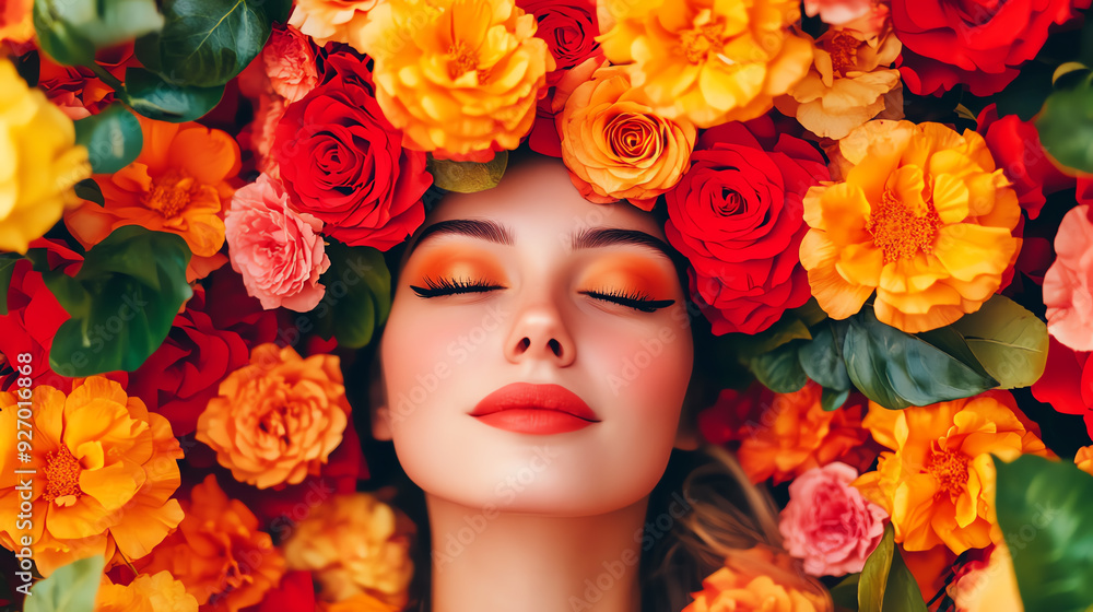 Woman with vibrant makeup surrounded by colorful flowers. Perfect for beauty, fashion, and floral-themed photography. Woman with vibrant makeup surrounded by colorful flowers. Perfect for beauty, fashion, and floral-themed photography.