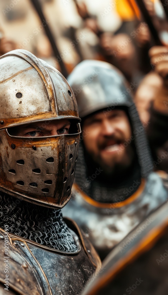 A close-up of armored knights in battle, showcasing fierce expressions and historic attire, capturing the essence of medieval warfare. A close-up of armored knights in battle, showcasing fierce expressions and historic attire, capturing the essence of medieval warfare.