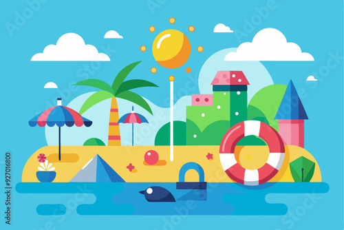 Summer Beach Scene with Palm Trees, Umbrellas, and Lifebuoy