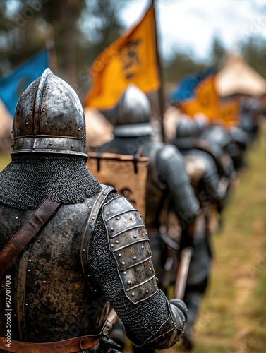 A line of armored knights in medieval attire marching with banners in a historical reenactment setting. photo