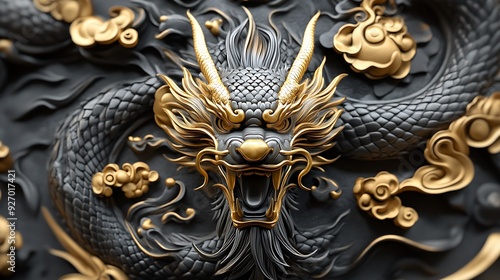 Closeup of a golden dragon sculpture with black scales and a roaring mouth.