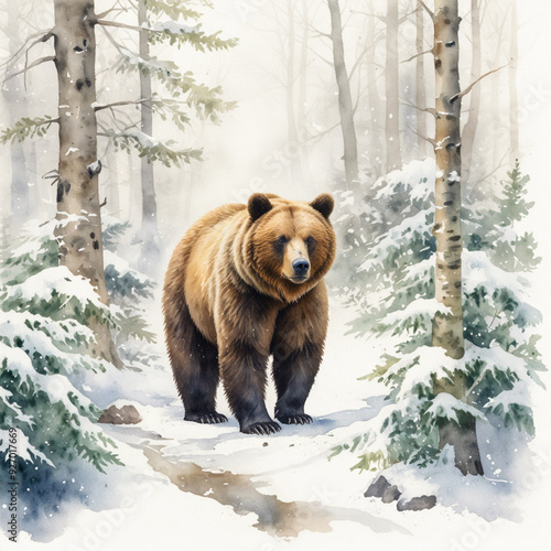 A serene scene of a brown bear walking through a snowy forest on a winter day. The bear’s thick, shaggy fur is dusted with snowflakes, contrasting beautifully with the white landscape.