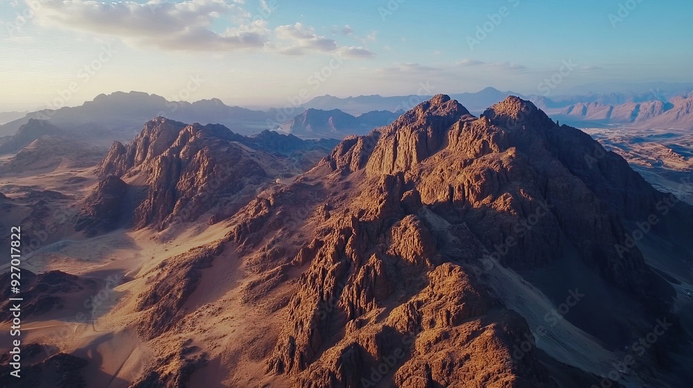 Obraz premium Breathtaking Aerial View of Mount Sinai at Sunrise, Majestic Desert Mountain Landscape