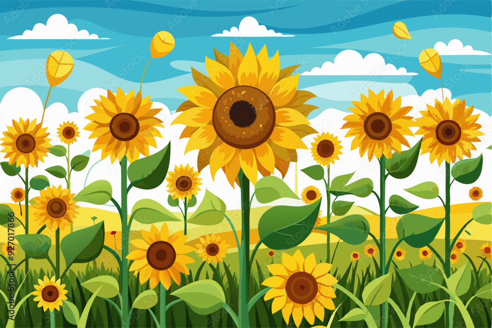 Obraz premium A Field of Sunflowers Under a Blue Sky with White Clouds