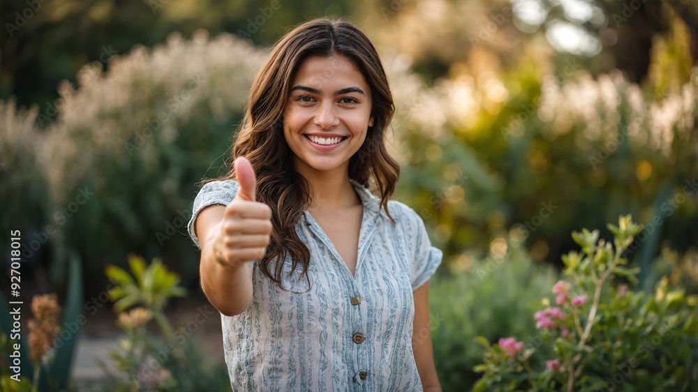 Portrait of a young Greek woman smiling kindly while giving a thumbs up garden background Portrait of a young Greek woman smiling kindly while giving a thumbs up garden background