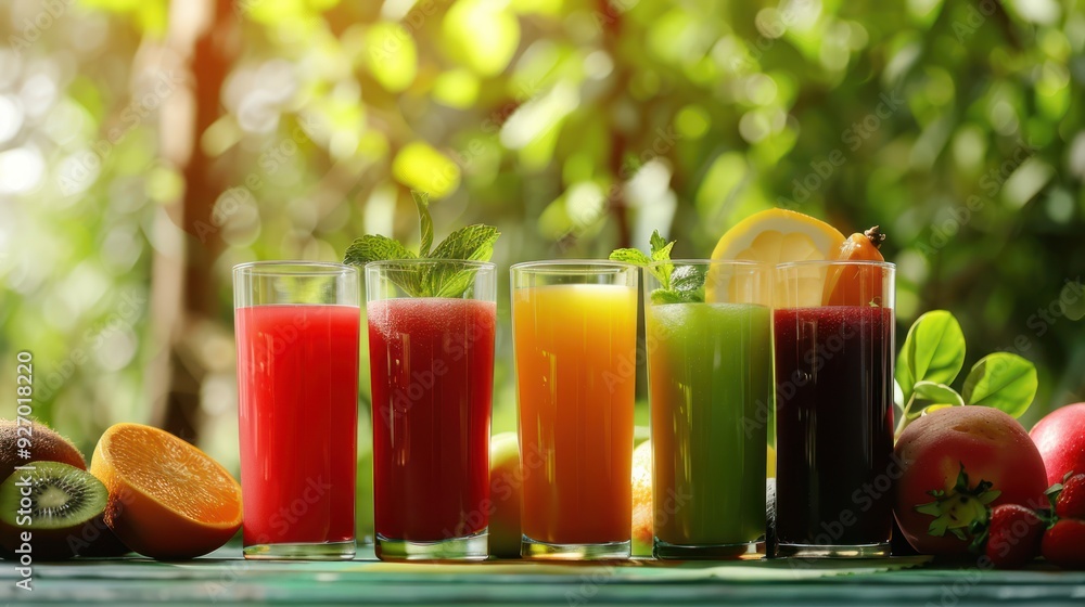 Fototapeta premium Fresh Fruit Juices with Mint Garnish