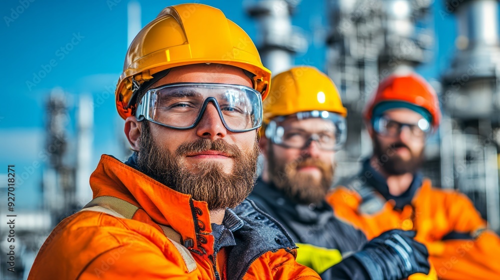 Architect and construction workers in an oil refinery, examining blueprints and coordinating on-site tasks. Architect and construction workers in an oil refinery, examining blueprints and coordinating on-site tasks.