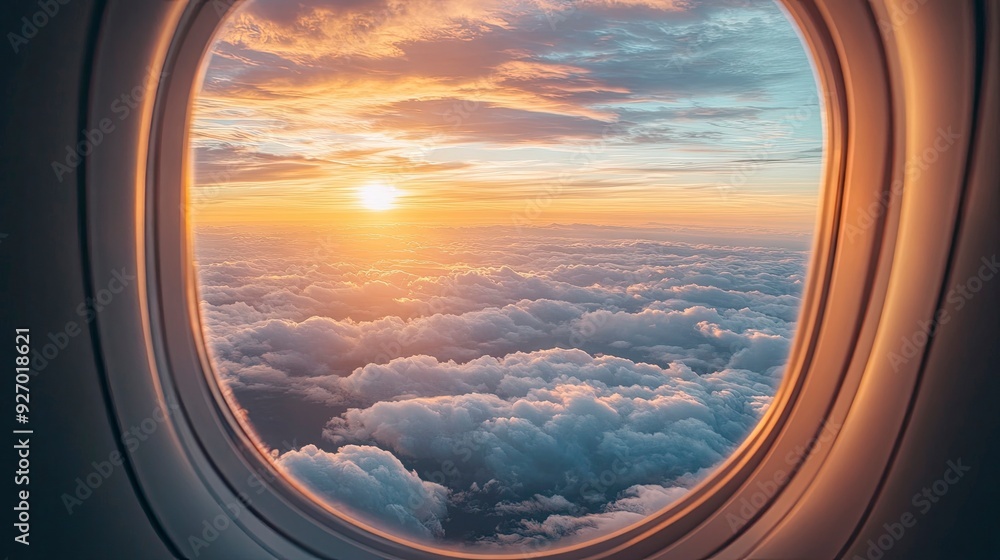 A view of the sky from an airplane window, with clouds and sunset in the background A view of the sky from an airplane window, with clouds and sunset in the background