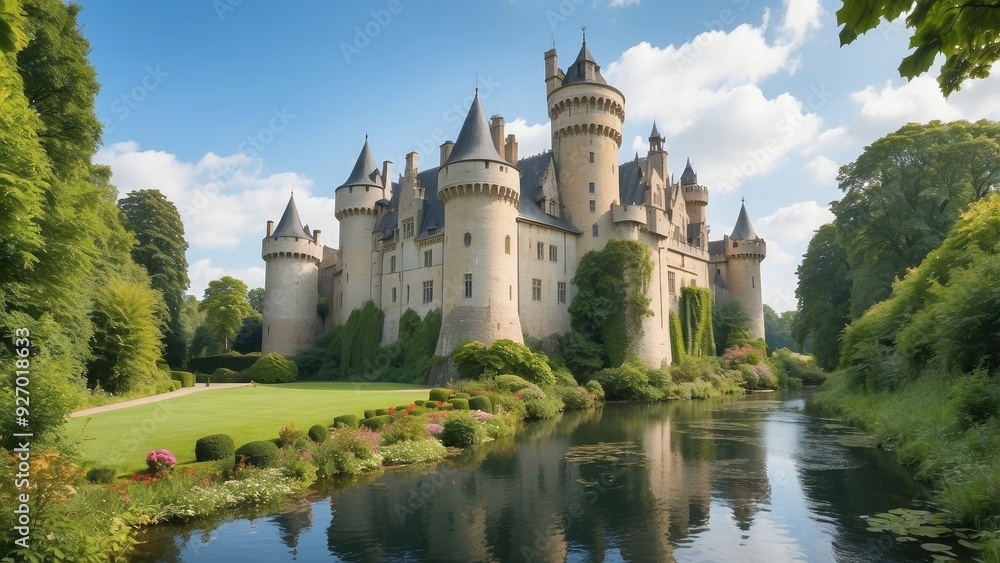 Historic castle with towering turrets, lush gardens, and a serene moat.- Historic castle with towering turrets, lush gardens, and a serene moat.-
