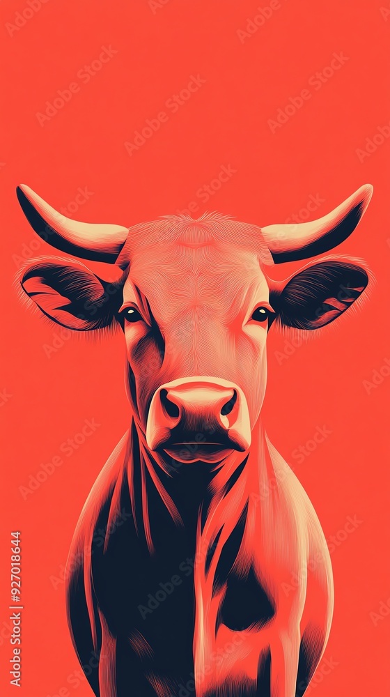 Red cow portrait on a red background, minimal style. Red cow portrait on a red background, minimal style.