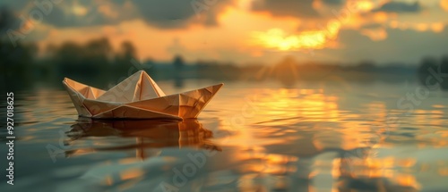 A small boat, crafted with intricate papercuts, floating on a calm lake with a reflection of the sky. photo