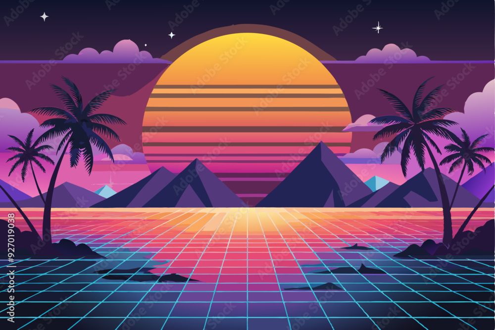 Fototapeta premium Retro Sunset Over Palm Trees and Mountains with a Gridded Water Surface