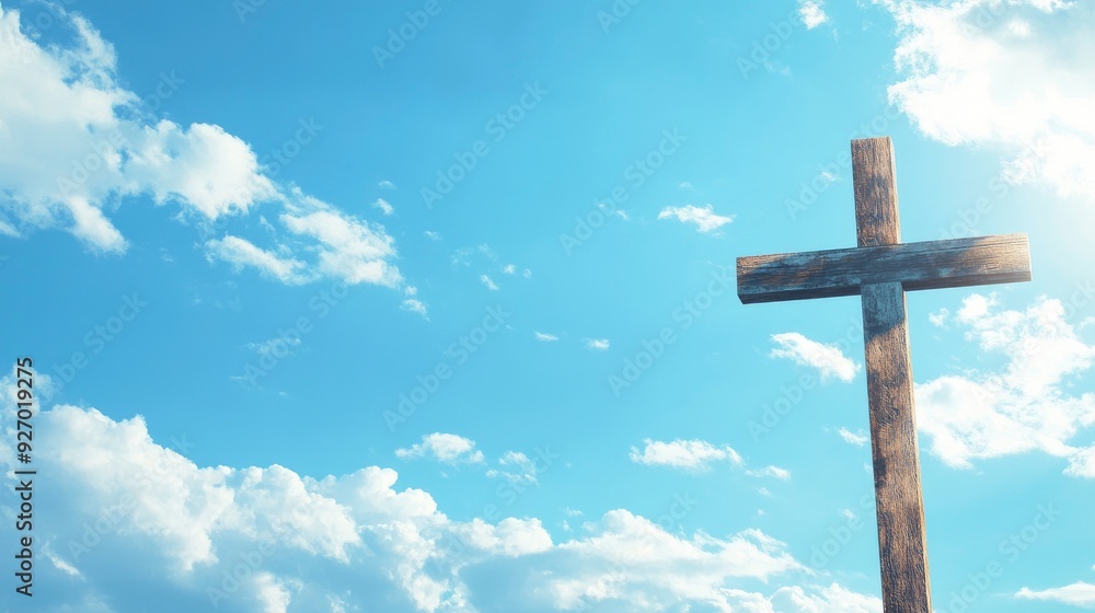 A wooden cross against blue sunny sky background with sunshine A wooden cross against blue sunny sky background with sunshine