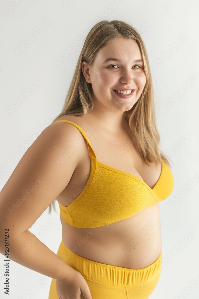 Fototapeta premium Young woman in yellow bra and shorts smiling at the camera.