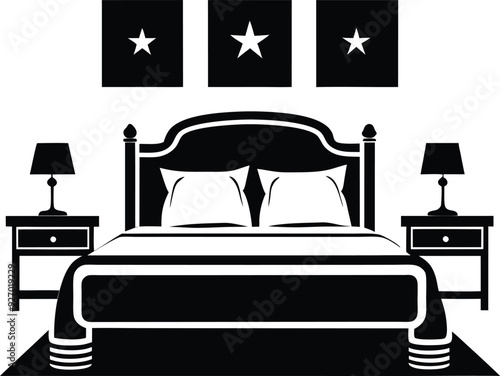 bed in a hotel silhouette illustration black and white
