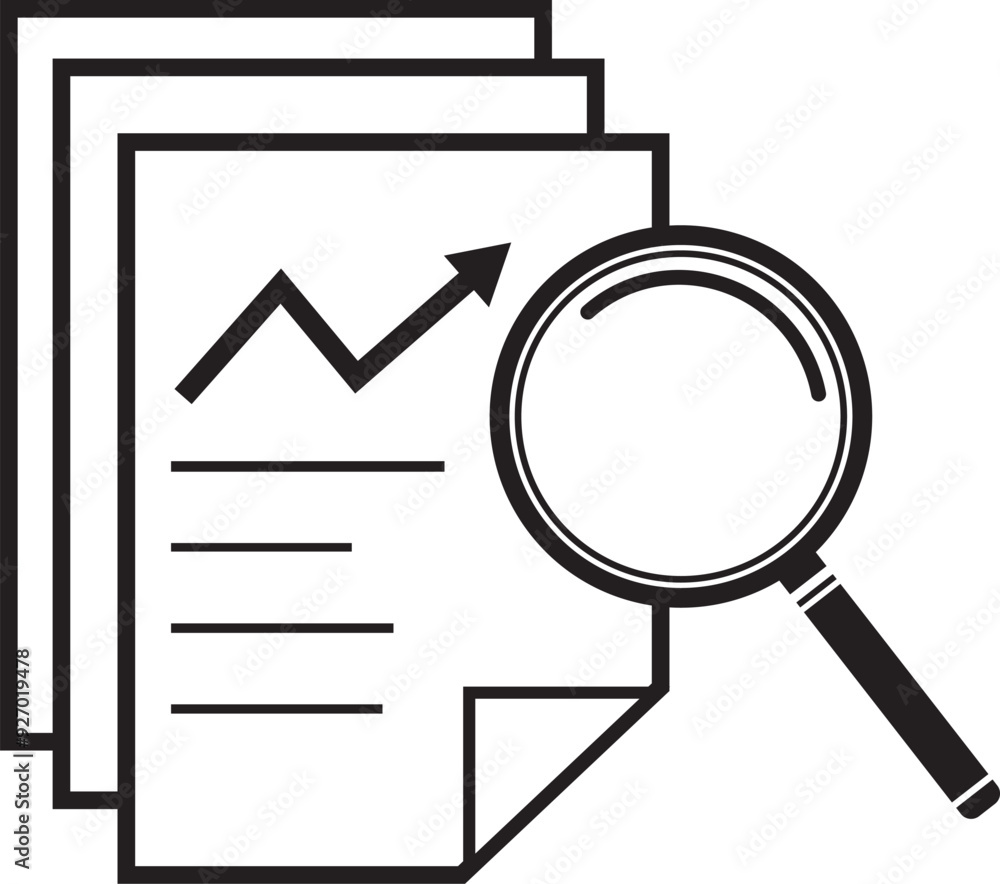 illustration icon viewing economic growth document with magnifying glass illustration icon viewing economic growth document with magnifying glass