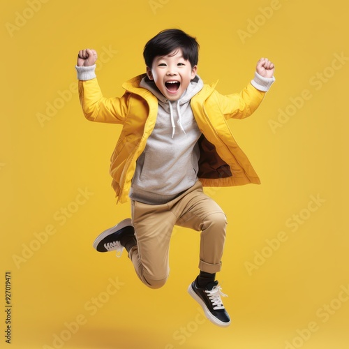 asian kids boy jumping and hand up, in the style of advertising photoshoot