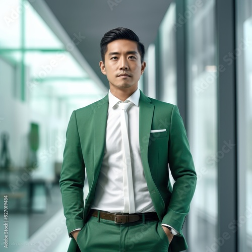 asian man 25 age , indoor light , fashion wear , white green modern office background