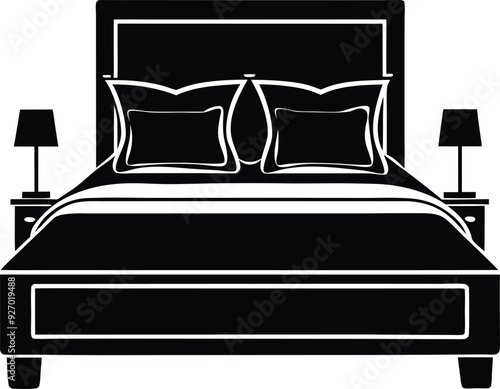 bed in a hotel silhouette illustration black and white