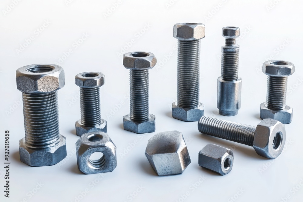 Assorted metal bolts and nuts on white background Assorted metal bolts and nuts on white background