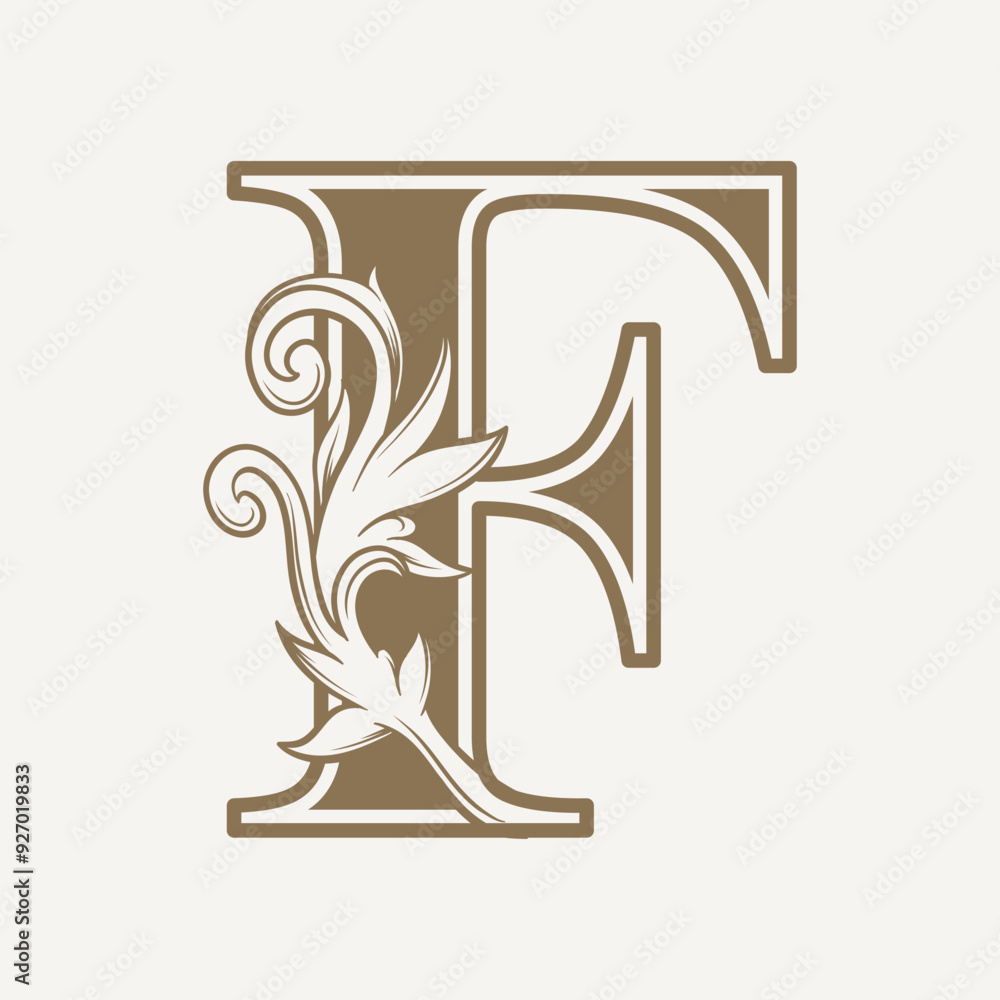 stylized fancy letter F with a leaf flower vintage ornament stylized fancy letter F with a leaf flower vintage ornament