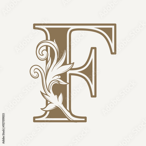 stylized fancy letter F with a leaf flower vintage ornament