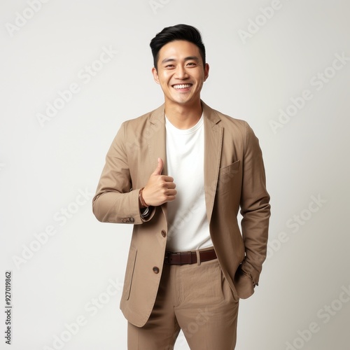 cinematic shot,happy asian business man 35 years old, earth tone color outfit