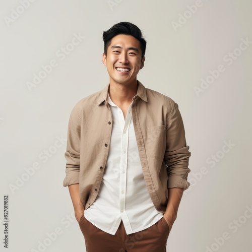 cinematic shot,happy asian male 27 years old, earth tone color outfit