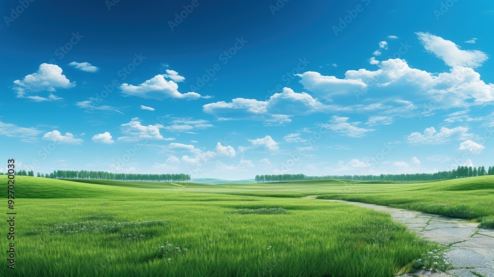 Obraz premium front view Roadside view and green grass on blue sky