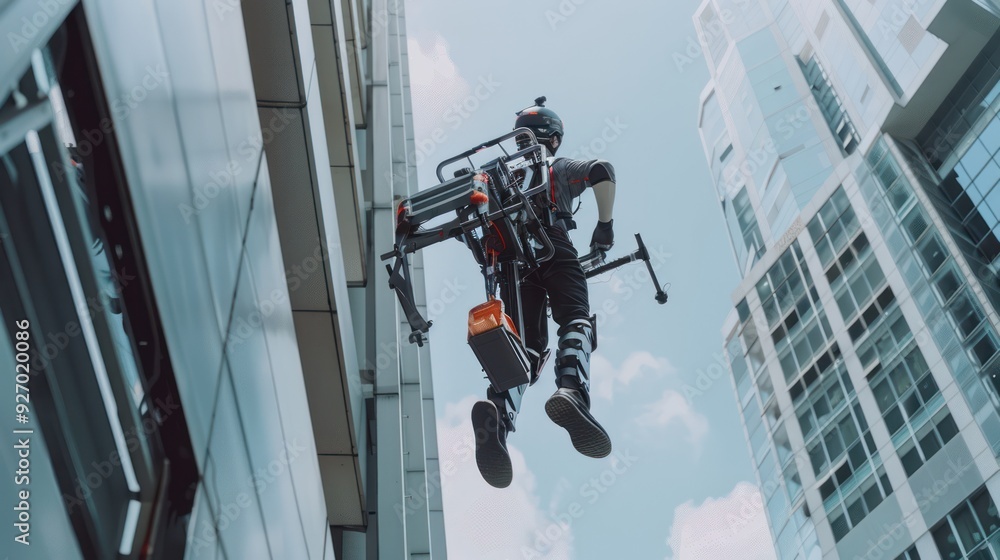 Man flying with jetpack in front of skyscraper Man flying with jetpack in front of skyscraper