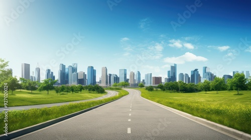 front lear road, grass, realistic, clear sky, city