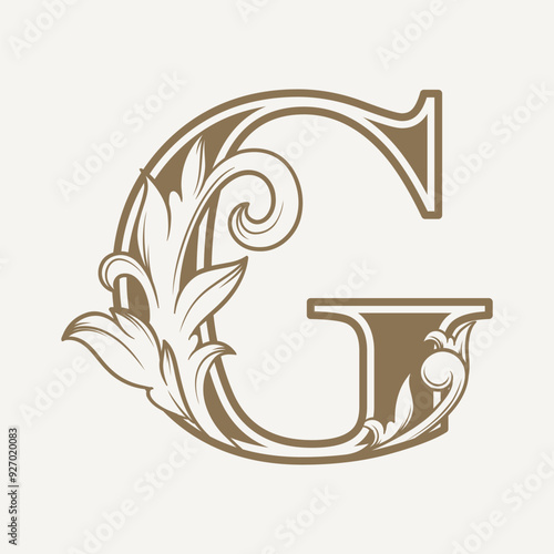 stylized fancy letter G with a leaf flower vintage ornament