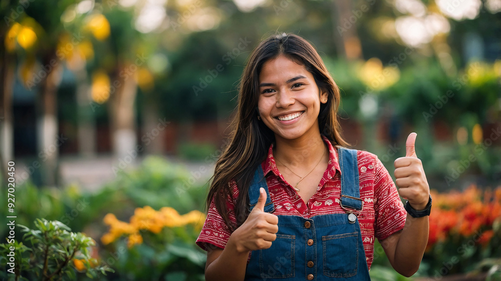 Portrait of young Peruvian woman smiling kindly while giving a thumbs up garden background Portrait of young Peruvian woman smiling kindly while giving a thumbs up garden background