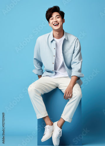 korean young man while using the laptop on blue background , smile , commercial imagery, lively action poses